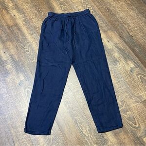 J Crew 100% Linen Pull On Women 4 Navy Blue Elastic Tie Waist Ankle Pants Preppy